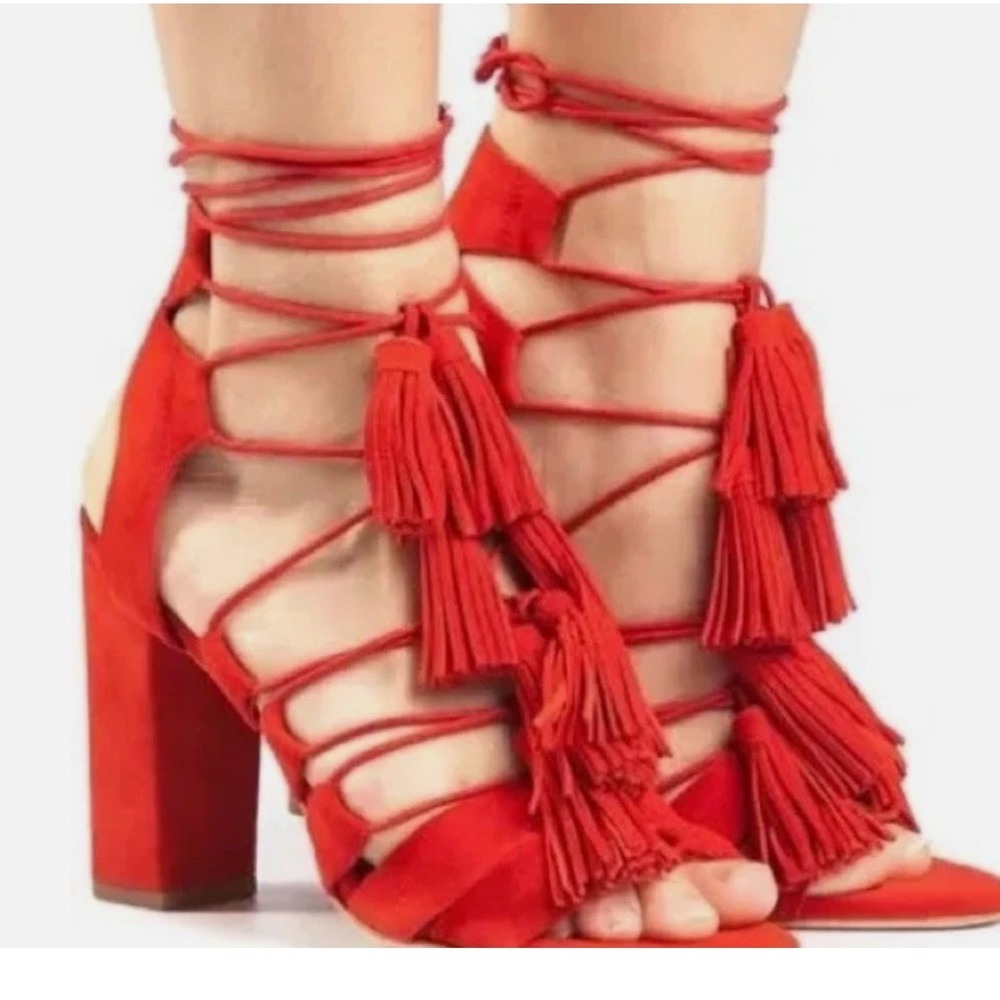 Loeffler Randall Red Suede Tassel Lace Up Block Heel Sandals 7.5 Boho Festival